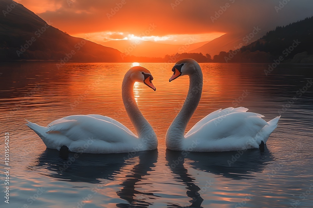 Fototapeta premium Romantic Sunrise with Swans on Peaceful Lake for Nature and Tranquility Themes