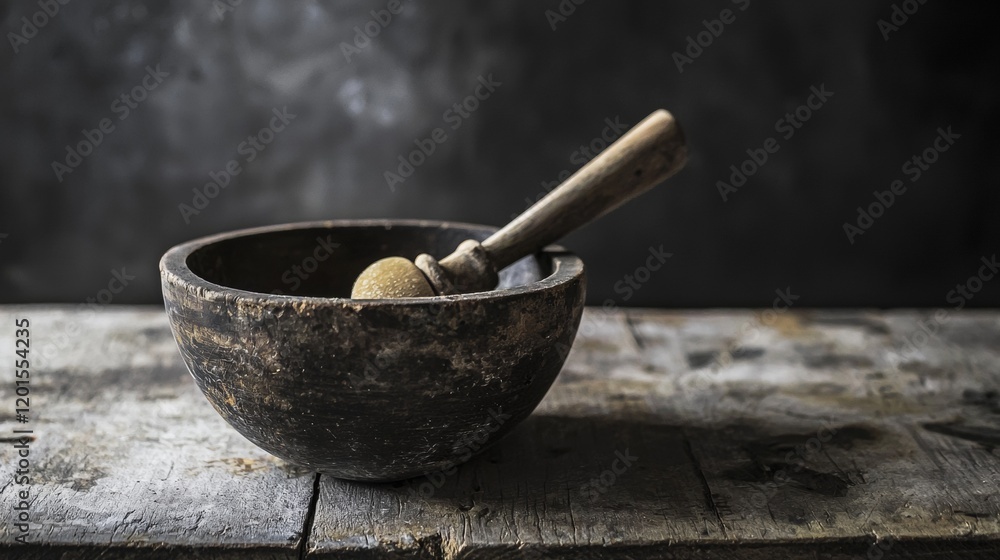 Rustic wooden bowl and spoon on a textured table Rustic wooden bowl and spoon on a textured table