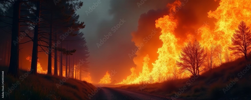 A dramatic forest fire consumes trees, illuminating the night sky with fiery colors. A dramatic forest fire consumes trees, illuminating the night sky with fiery colors.