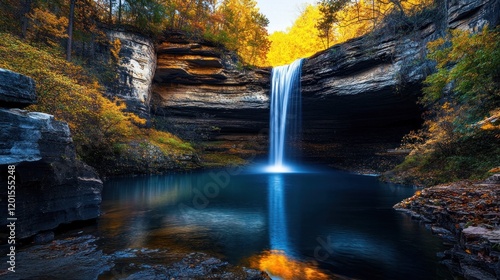 Enchanting Waterfall Amid Autumn's Warm Colors