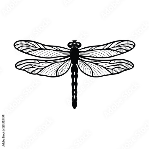 A sleek dragonfly silhouette with intricate, detailed wings, rendered in black and white.