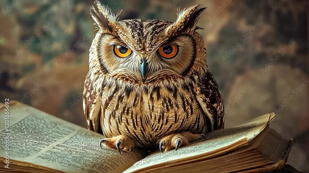 custom made wallpaper toronto digitalOwl perched book looks wise.Feathered scholar cozy library setting.Evening study session nocturnal bird.Wisdom symbol ancient pages.Intellectual aura dim,rustic space.Old books enrich mystical