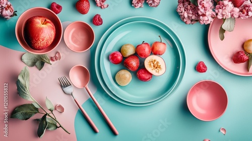 Colorful dessert setup with berries and ceramic plates