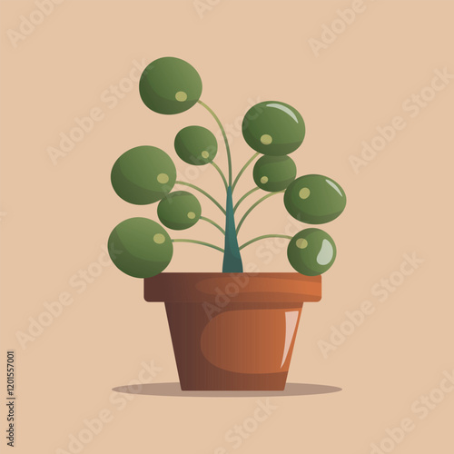 A charming illustration of a Pilea peperomioides plant, also known as the Chinese money plant, in a decorative pot. Perfect for botanical designs, interior decor themes, and nature-inspired projects.