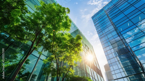 Green trees, city skyline, sun, sustainability, urban