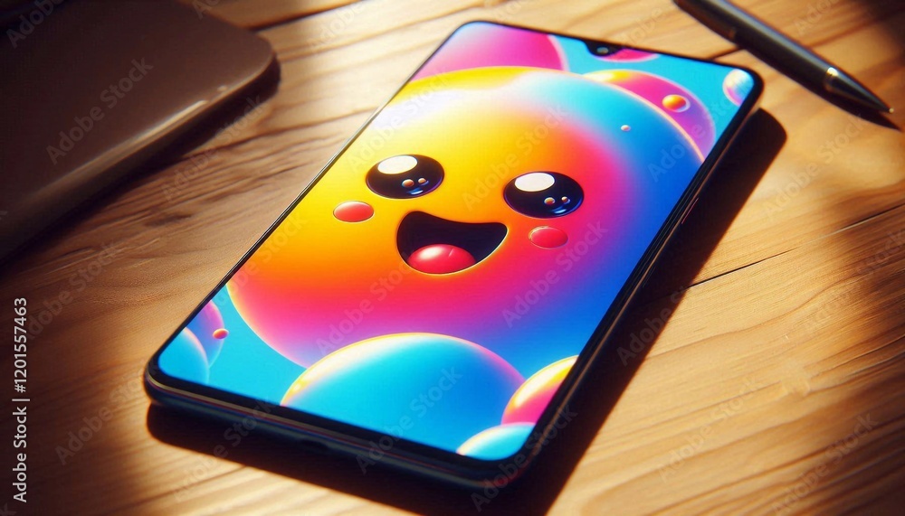 custom made wallpaper toronto digitalSmartphone, close-up, bright colors with cartoon smiley face on screen