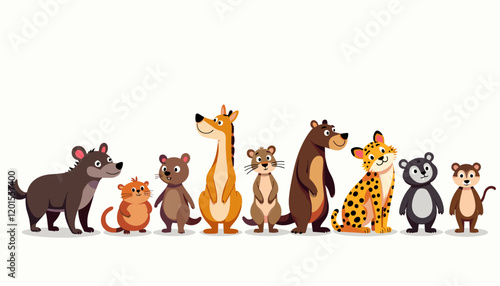 Cute Wild Animals in Standing position Vector Illustration. Animals include a giraffe, elephant, tiger, bear, hippo, monkey, lion, deer, zebra, and fox.