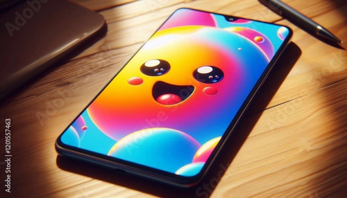 Wallpaper Mural Smartphone, close-up, bright colors with cartoon smiley face on screen Torontodigital.ca