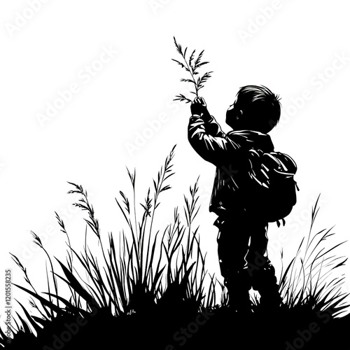 Boy is standing in a field of tall grass, holding a plant in his hand