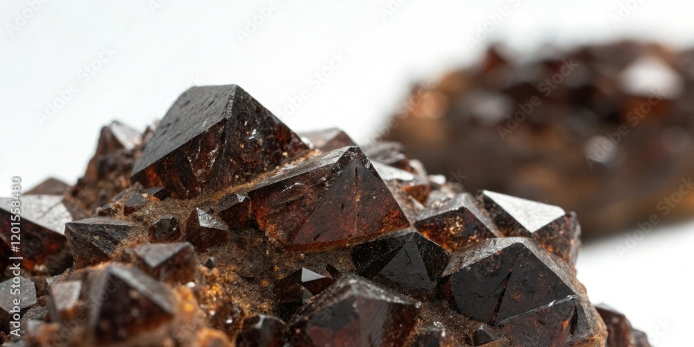 Close-up shot of goethite crystals on white background showcasing intricate patterns and shapes, minerals, mineralogy Close-up shot of goethite crystals on white background showcasing intricate patterns and shapes, minerals, mineralogy