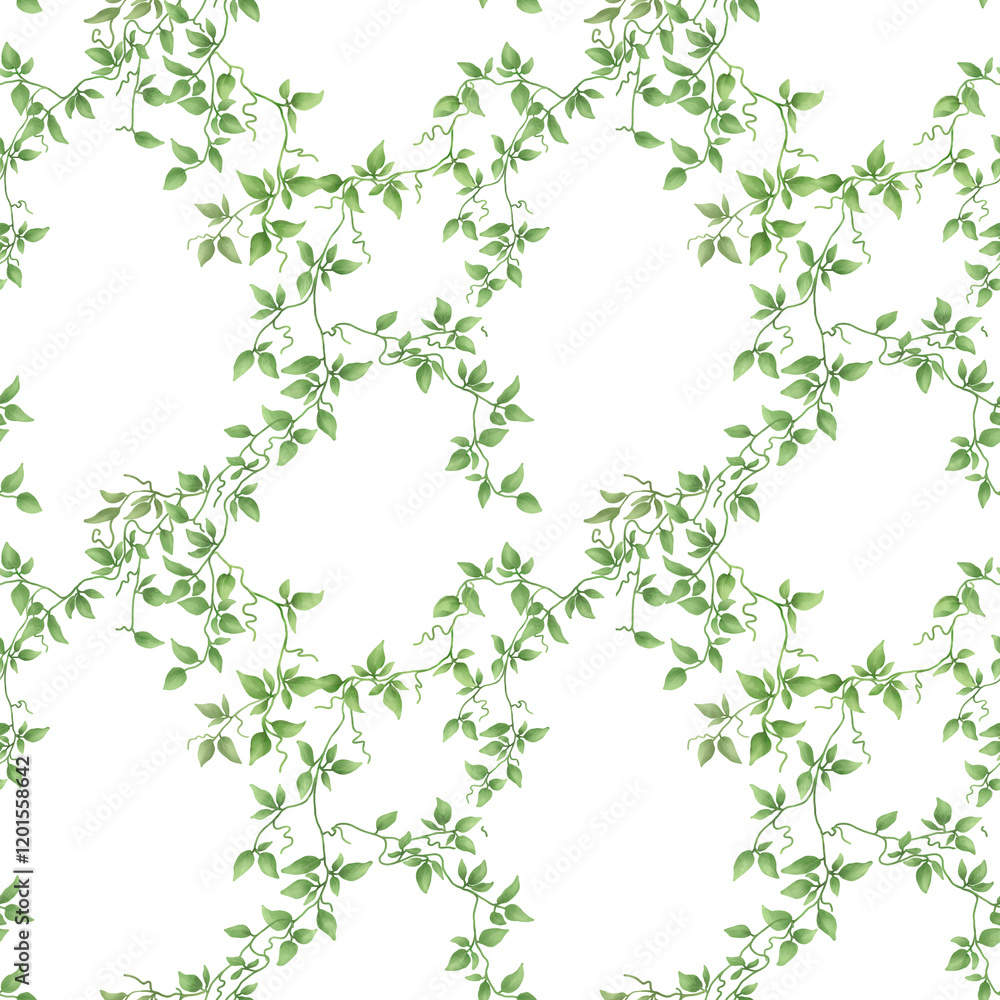 Ivy branches with green leaves on seamless pattern. Watercolor digital illustration. Climbing delicate plant with thin stem isolated on white background. Cute twigs and leaves Ivy branches with green leaves on seamless pattern. Watercolor digital illustration. Climbing delicate plant with thin stem isolated on white background. Cute twigs and leaves