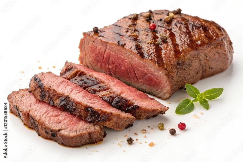 Close-up shot of a juicy grilled steak cut into thin slices, savory flavor, grilled steak, refined dining Close-up shot of a juicy grilled steak cut into thin slices, savory flavor, grilled steak, refined dining
