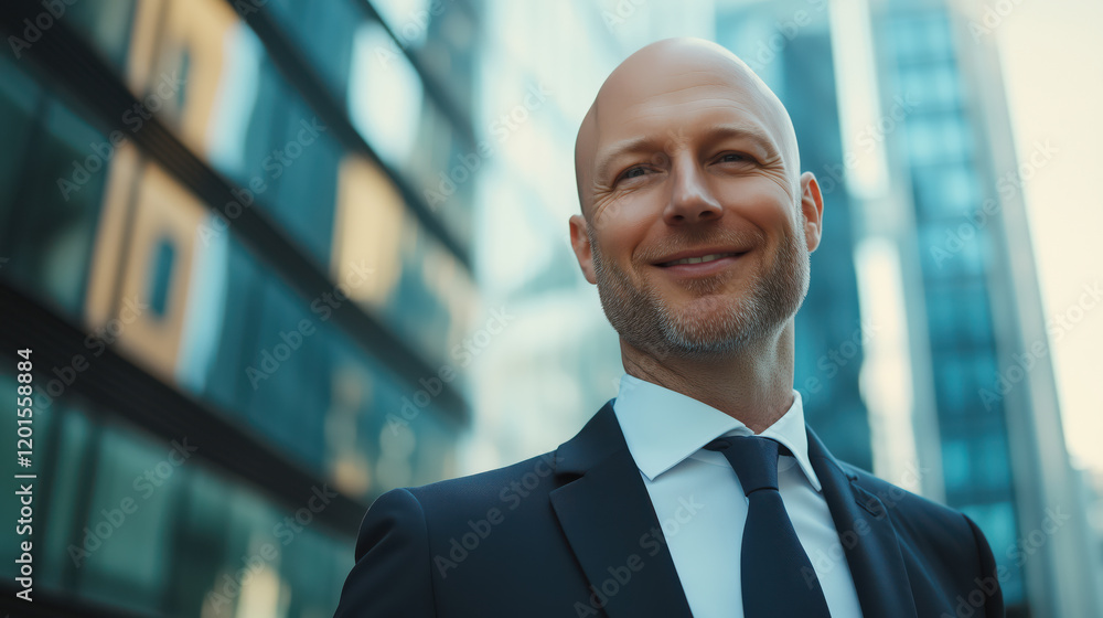 Smiling bald businessman in suit standing outdoors against office building background Smiling bald businessman in suit standing outdoors against office building background