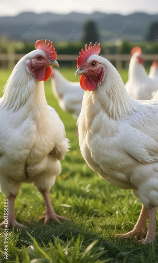 Fototapeta premium Close-up of white broiler chickens pecking at the grass in a farm field, countryside lifestyle, small scale farming, outdoor space, ranch environment, natural behavior