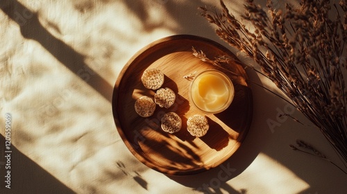 Bowl of nuts and tea in sunlight with rustic textures photo