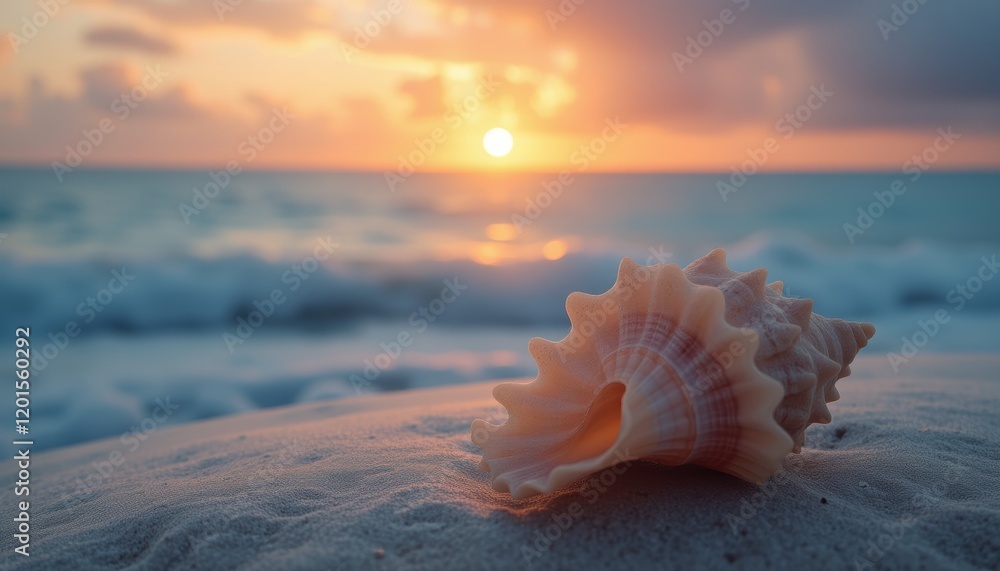 Seashell on sandy beach with soft sunset glow.