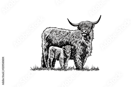 hand drawn Highland cattle illustration
