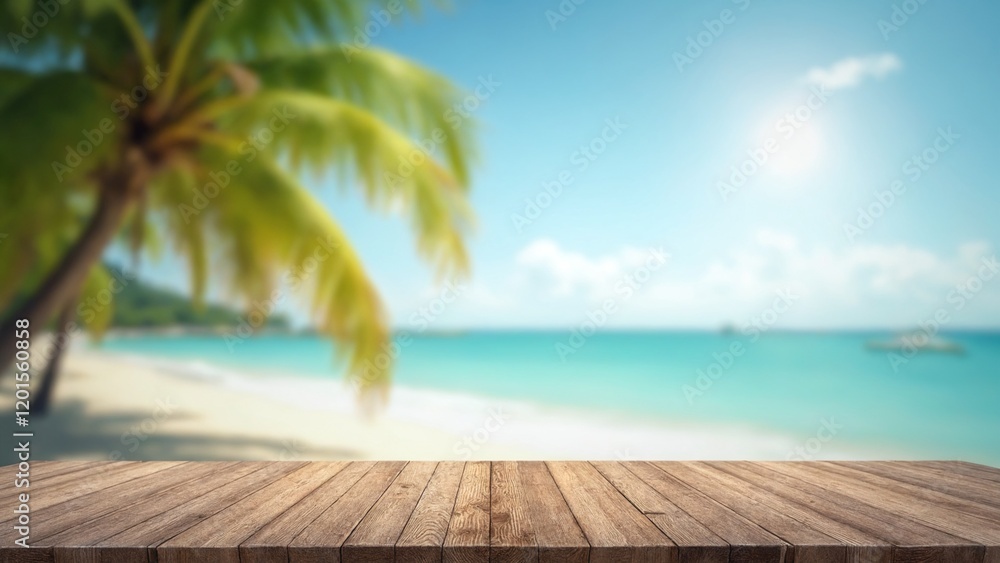 Empty old wood table top and blurred seascape and palm tree, blur bokeh light of calm sea and sky at tropical beach background Empty old wood table top and blurred seascape and palm tree, blur bokeh light of calm sea and sky at tropical beach background