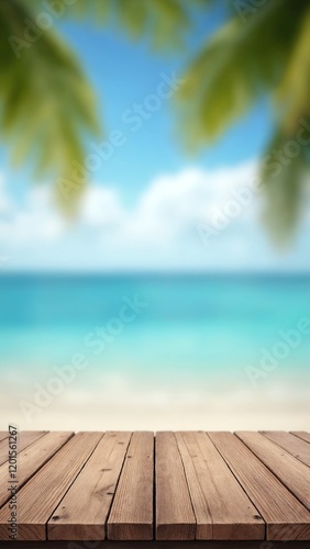 Empty old wood table top and blurred seascape and palm tree  blur bokeh light of calm sea and sky at tropical beach background