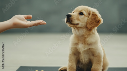 A young Golden Retriever guide dog puppy sits on a training mat and looks at a trainer.