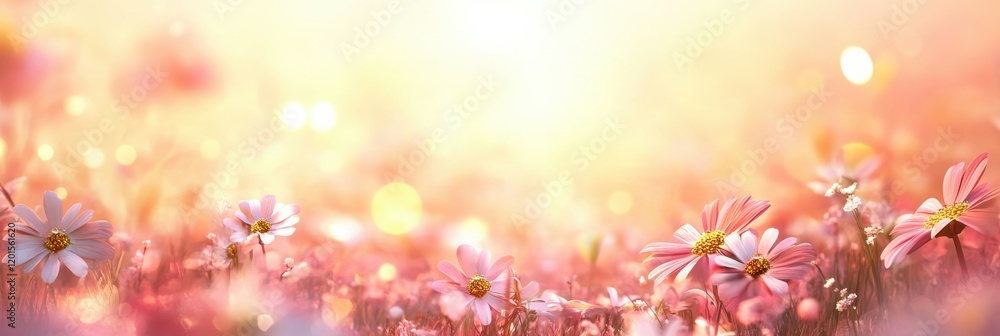 Enchanting pink daisies in a radiant springtime meadow at sunrise Enchanting pink daisies in a radiant springtime meadow at sunrise