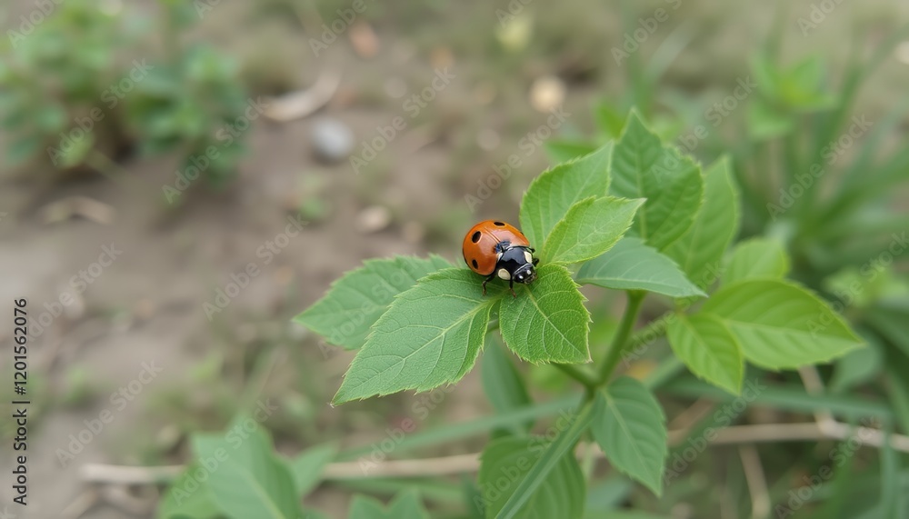 Naklejka premium Ladybug resting on a green leaf in natural surroundings.