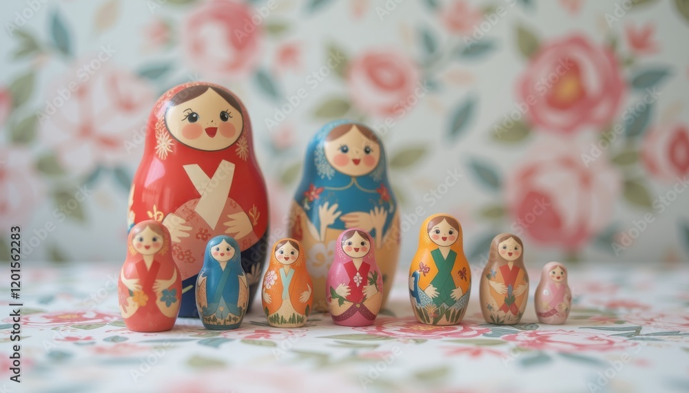 Fototapeta premium Traditional Russian nesting dolls with floral design.