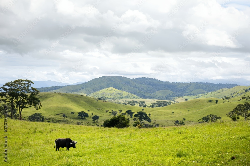 An African buffalo grazing in a lush green field with a backdrop of rolling hills An African buffalo grazing in a lush green field with a backdrop of rolling hills