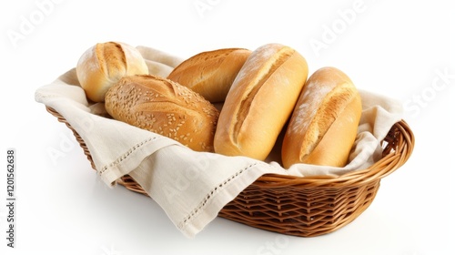A bread basket with assorted rolls isolated on white background