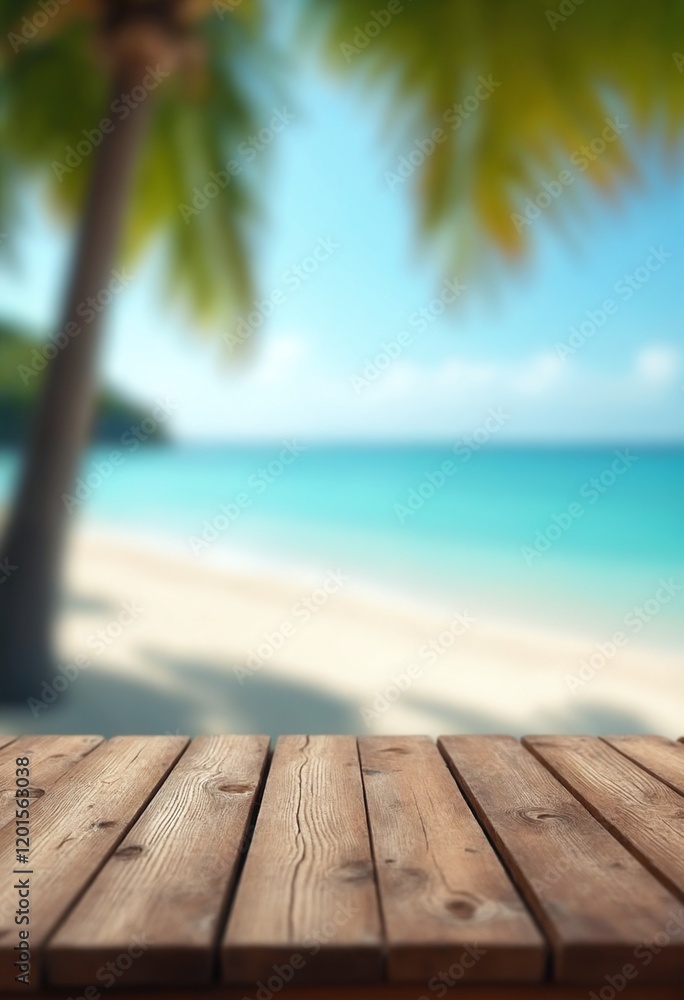 Fototapeta premium Empty old wood table top and blurred seascape and palm tree, blur bokeh light of calm sea and sky at tropical beach background