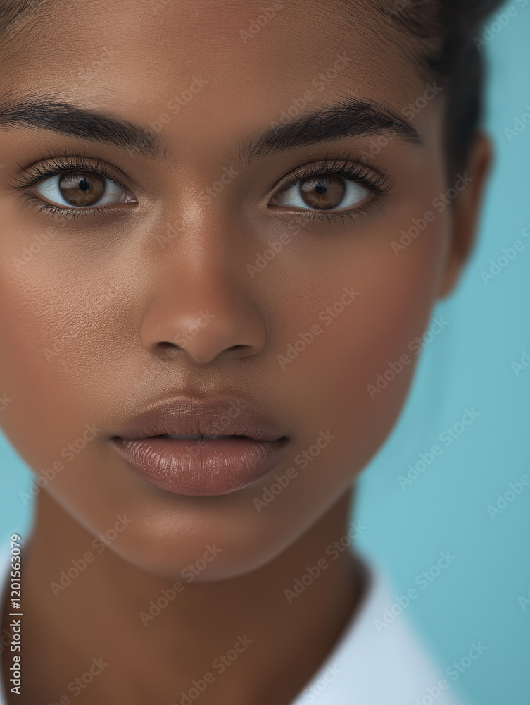 Nahaufnahme eines afrikanischen Gesichts vor türkisfarbenem Hintergrund, Fokus auf Augen und Lippen, natürliches Make-up, weiche Beleuchtung, professionelle Beauty-Fotografie Nahaufnahme eines afrikanischen Gesichts vor türkisfarbenem Hintergrund, Fokus auf Augen und Lippen, natürliches Make-up, weiche Beleuchtung, professionelle Beauty-Fotografie