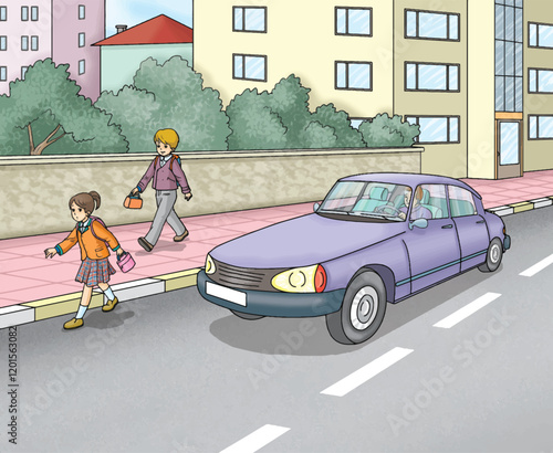 Cartoon. Traffic rules. Little boy walking on the sidewalk. Little girl walking on the road where cars pass.