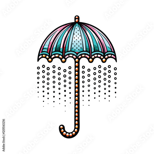 A stylized umbrella, rendered in bold, minimalist lines, with raindrops depicted as a field of scattered dots.