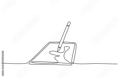 Continuous one line art of simple, minimalist drawing of a pen or stylus, writing or drawing on 
 a tablet or paper isolated on white background, Vector illustrtion, Editable stroke