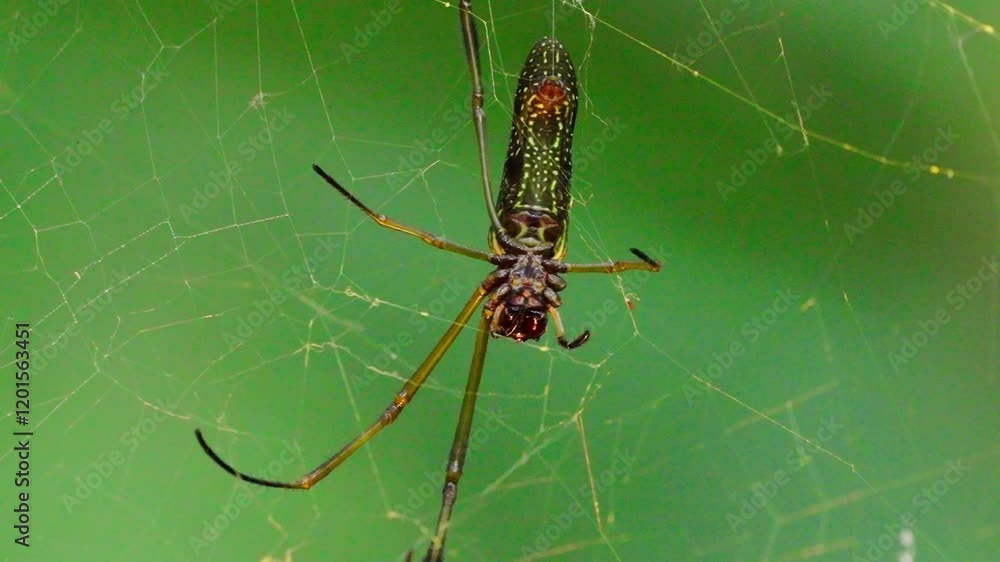 Golden silk orbweaver on its web in tropical rainforest, Peru, capturing nature's beauty Golden silk orbweaver on its web in tropical rainforest, Peru, capturing nature's beauty