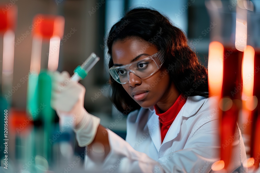 A woman in a lab coat is wearing safety goggles and holding a syringe A woman in a lab coat is wearing safety goggles and holding a syringe