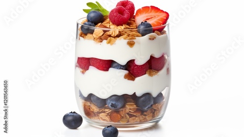 A fruit yogurt and granola on an isolated white background. Healthy food photography
