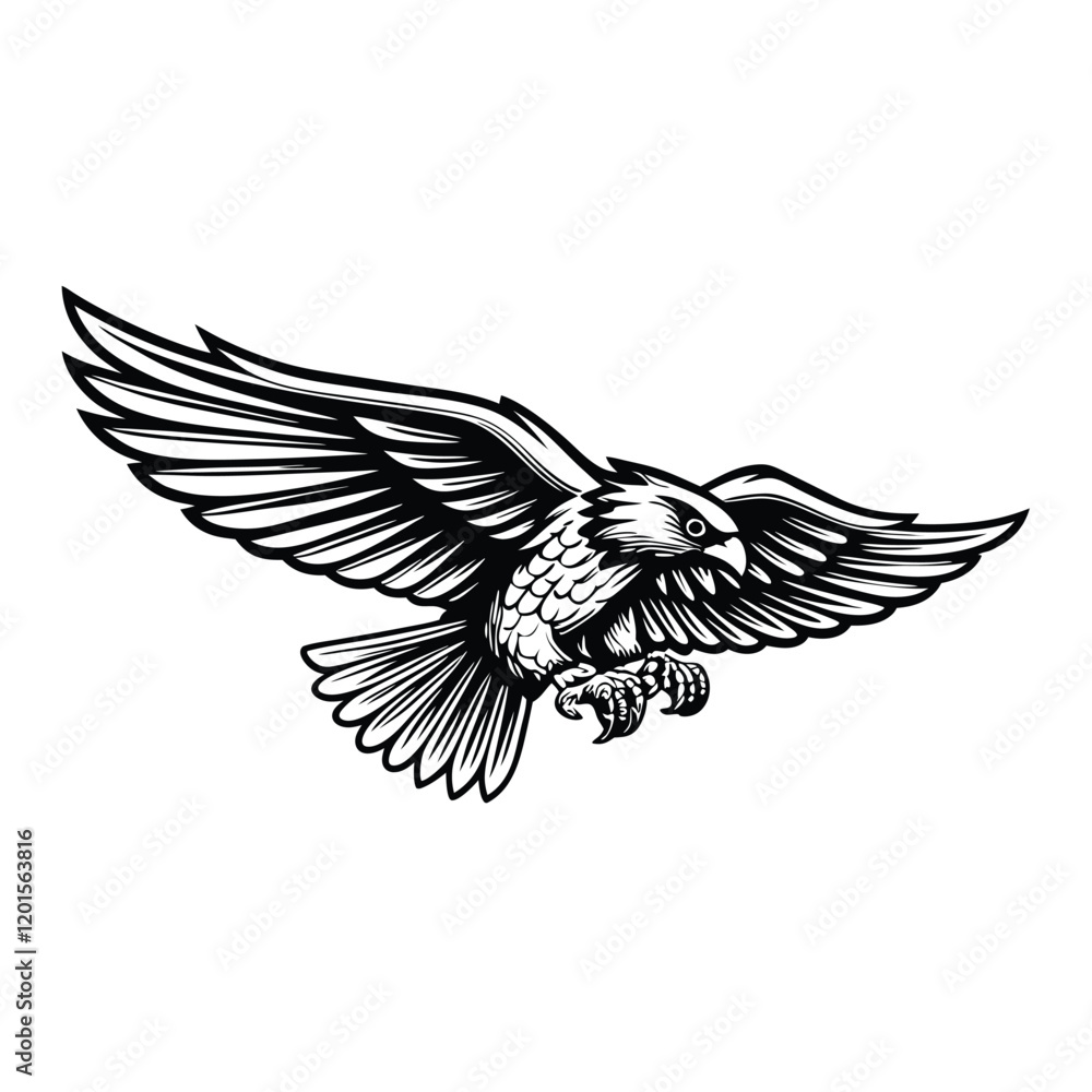 Obraz premium Create a design of a hawk in mid-flight, with its wings spread wide, using a dramatic swooping motion. Include realistic shadow effects to enhance the dynamism and depth of the image.