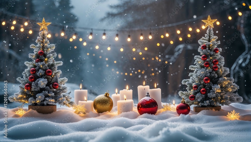 A snowy Christmas scene with a decorated tree and snowman A snowy Christmas scene with a decorated tree and snowman