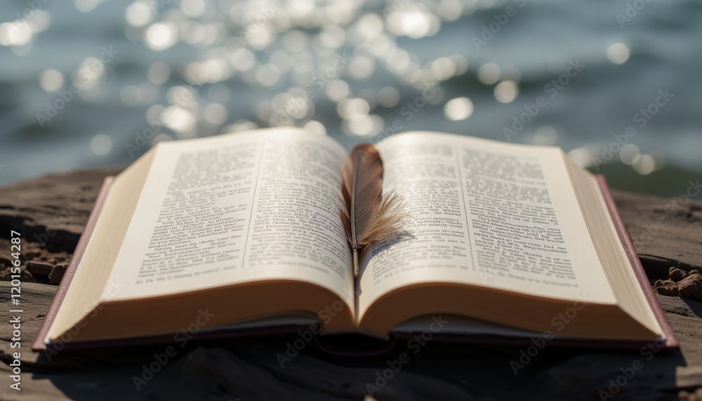 Fototapeta premium Open book by the water with feather bookmark.