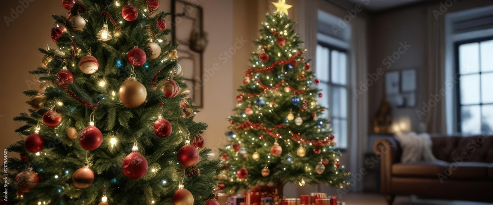 Christmas tree decorated with ornaments and lights, magical ambiance, shining garlands Christmas tree decorated with ornaments and lights, magical ambiance, shining garlands