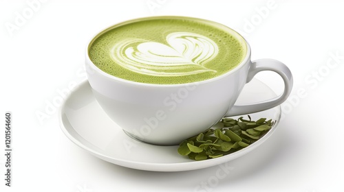 A cup of matcha latte with foam art isolated on white background