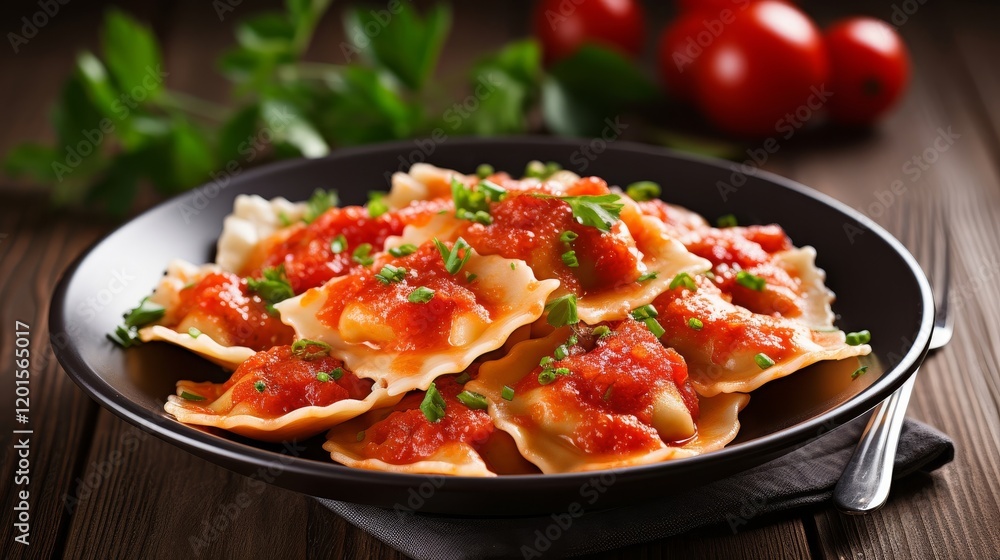 Photo of a delicious plate of ravioli with tomatoes sauce isolated on white background Photo of a delicious plate of ravioli with tomatoes sauce isolated on white background