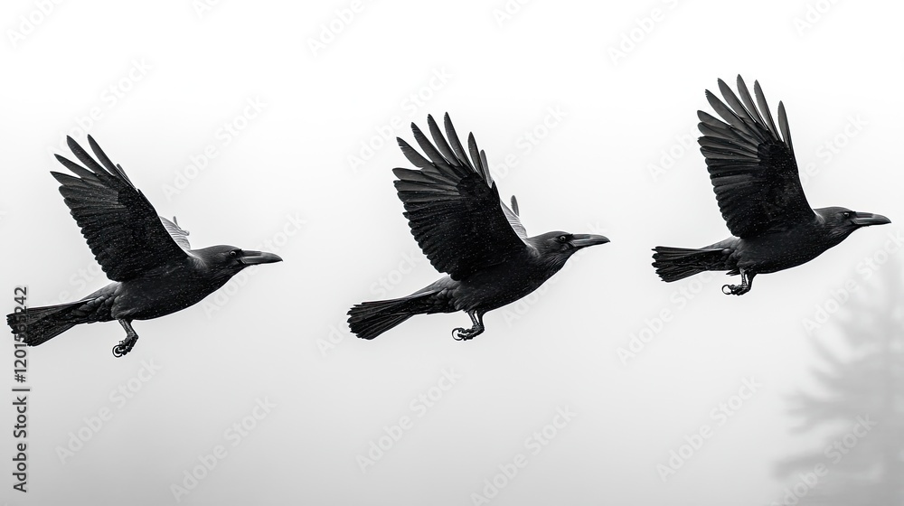 Fototapeta premium Three black birds in flight against a misty backdrop, showcasing their graceful movement and wingspan