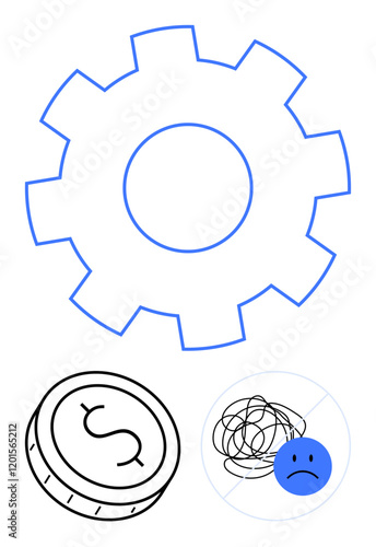 Large gear, coin with dollar sign, and tangled line with sad face icon representing frustration. Ideal for business issues, technical problems, financial challenges, emotional stress, confusion