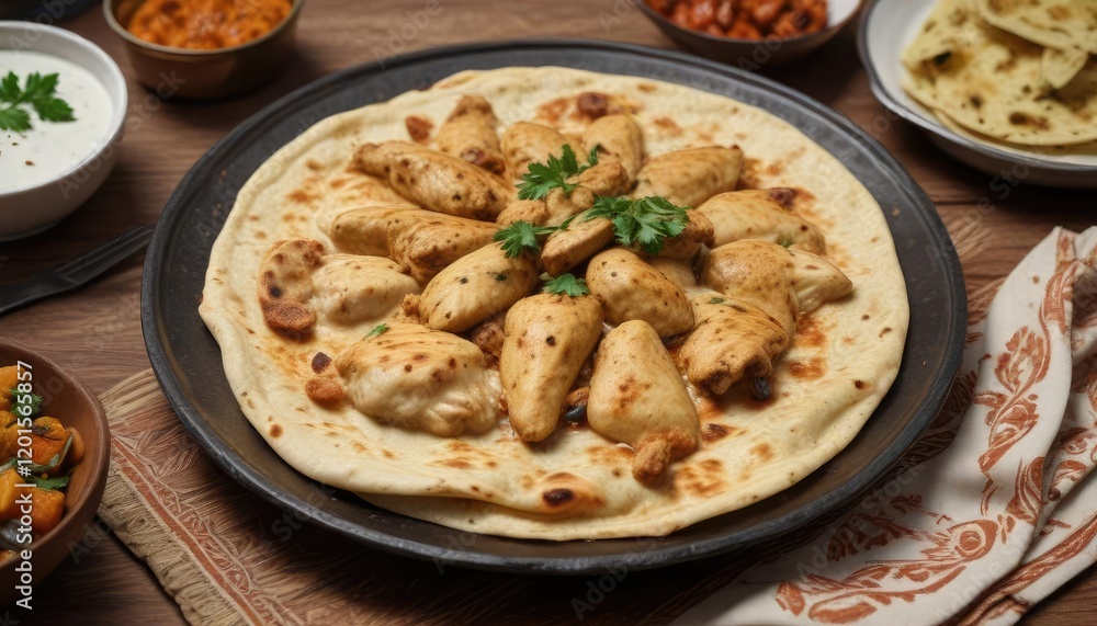 Chicken cooked in a mixture of spices and yogurt served with roti or paratha on a plate, Andhra pepper chicken marinade, meat marinade Chicken cooked in a mixture of spices and yogurt served with roti or paratha on a plate, Andhra pepper chicken marinade, meat marinade