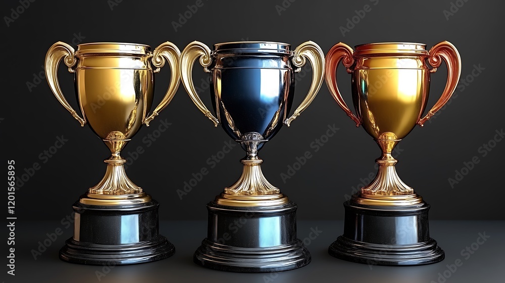 Three Elegant Gold and Black Trophies Displayed Three Elegant Gold and Black Trophies Displayed