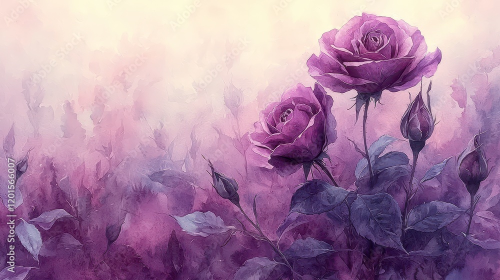 Two purple roses in bloom, surrounded by buds and foliage, painted in a soft watercolor style. Two purple roses in bloom, surrounded by buds and foliage, painted in a soft watercolor style.
