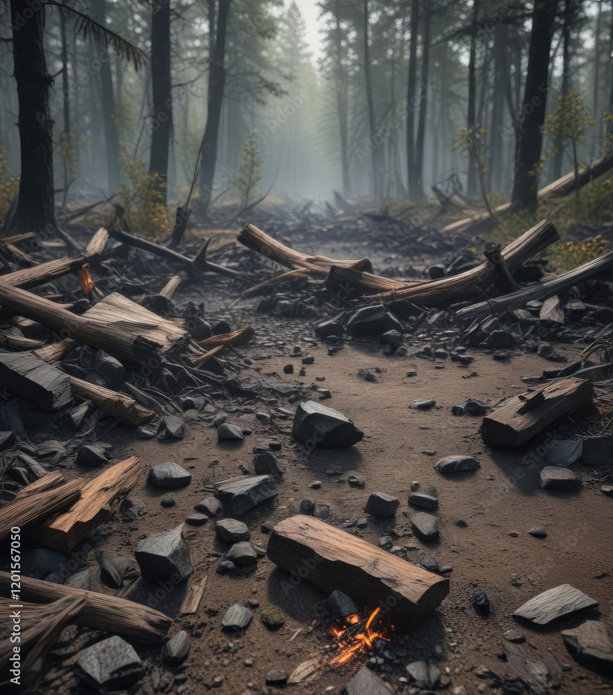 Obraz premium Charred wood fragments scattered on a forest floor, forest debris, decayed logs, forest litter