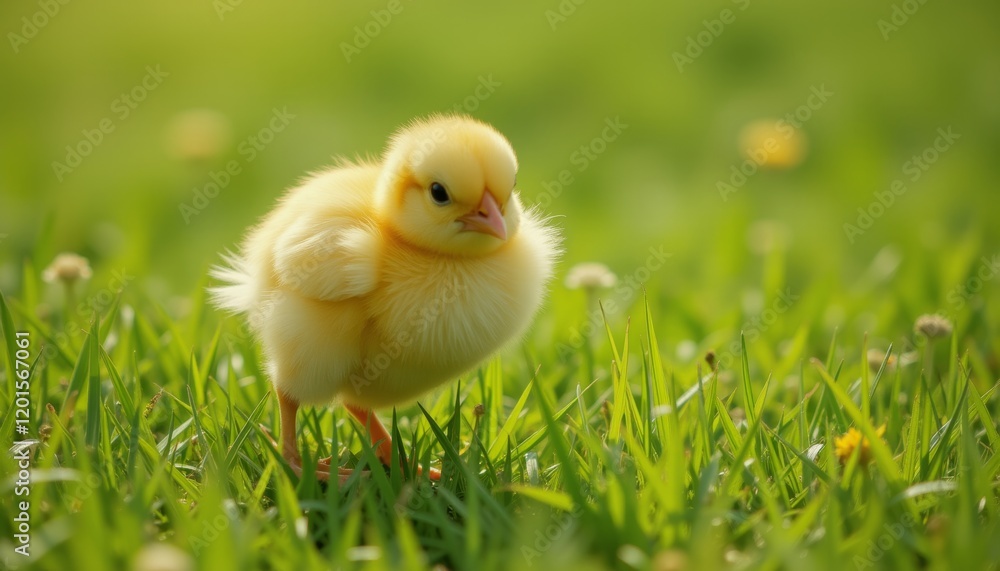 Fluffy yellow chick standing on green grass. Fluffy yellow chick standing on green grass.